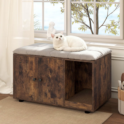 Wooden Cat Litter Box Enclosure Hidden Litter Box Furniture with Scratching Board-Brown