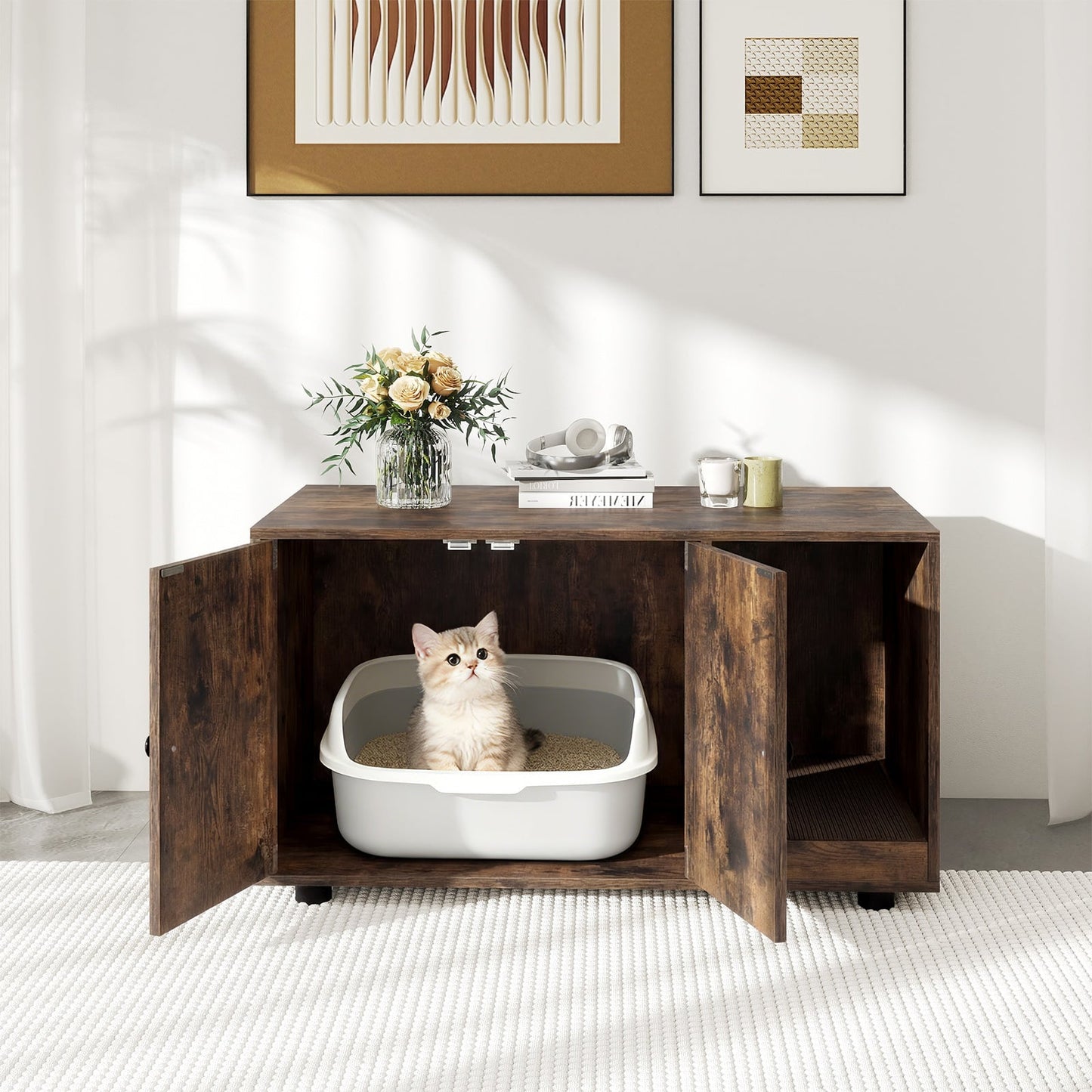 Wooden Cat Litter Box Enclosure Hidden Litter Box Furniture with Scratching Board-Brown
