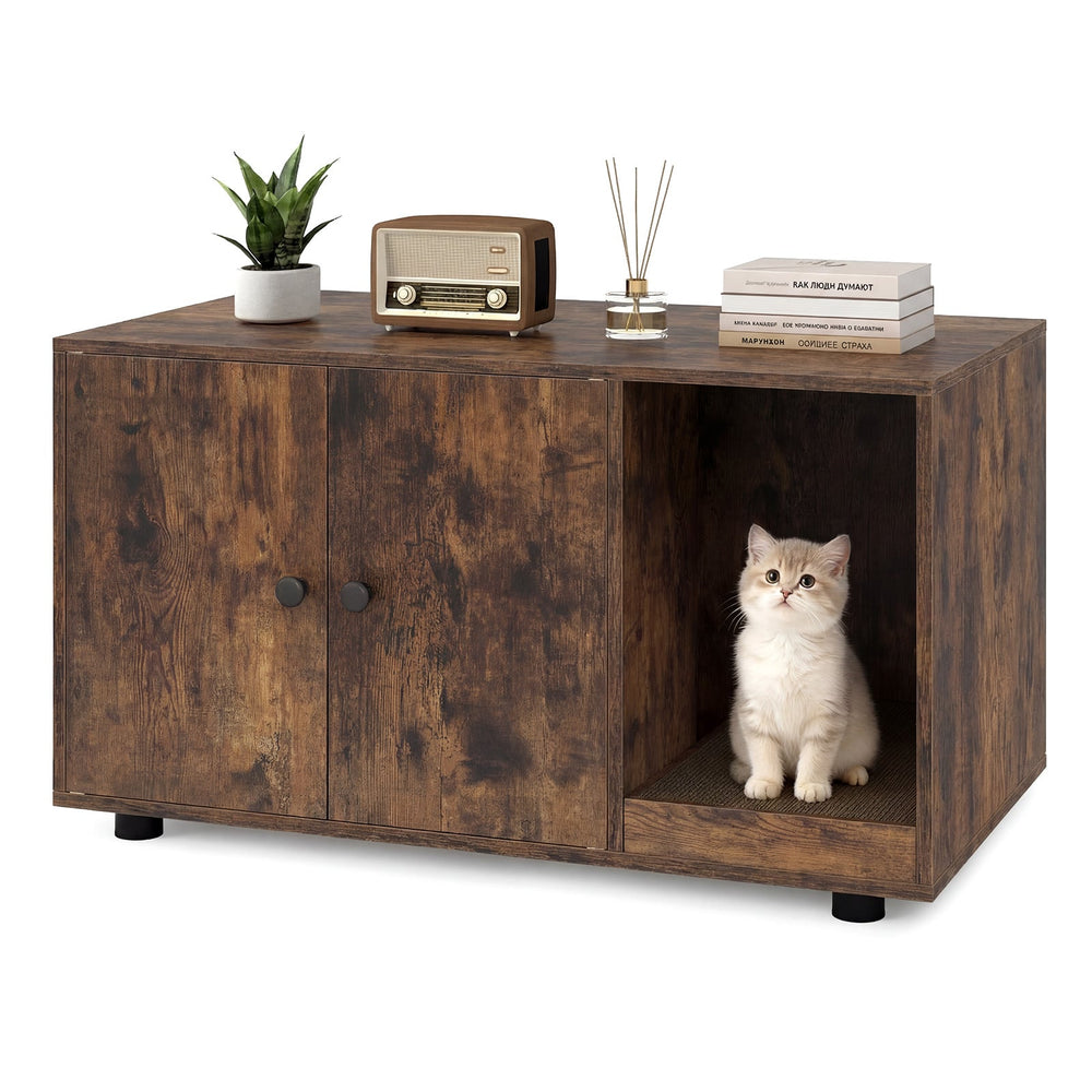 Wooden Cat Litter Box Enclosure Hidden Litter Box Furniture with Scratching Board-Brown