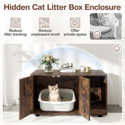 Wooden Cat Litter Box Enclosure Hidden Litter Box Furniture with Scratching Board-Brown