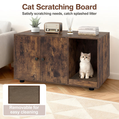 Wooden Cat Litter Box Enclosure Hidden Litter Box Furniture with Scratching Board-Brown