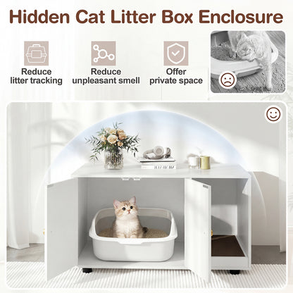 Wooden Cat Litter Box Enclosure Hidden Litter Box Furniture with Scratching Board-White