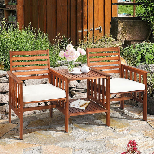 Wooden Companion Seat with Upper and Lower Table and Umbrella Hole-White