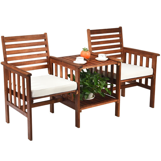 Wooden Companion Seat with Upper and Lower Table and Umbrella Hole-White