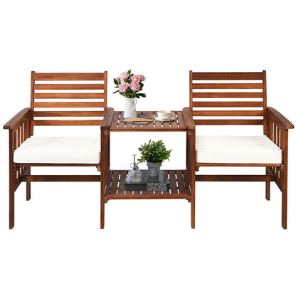 Wooden Companion Seat with Upper and Lower Table and Umbrella Hole-White