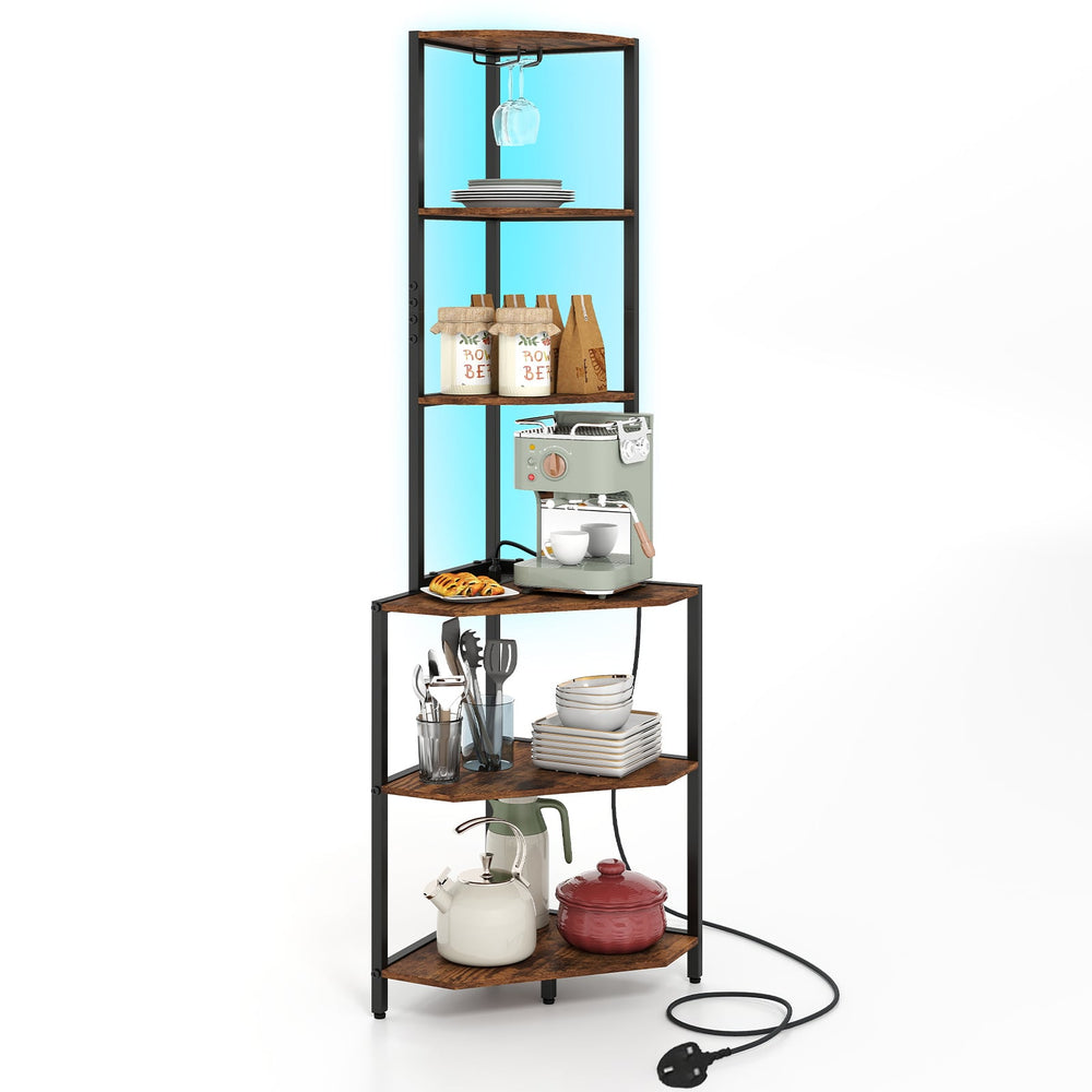 Wooden Corner Shelf with Storage Shelves for Living Room-Rustic Brown