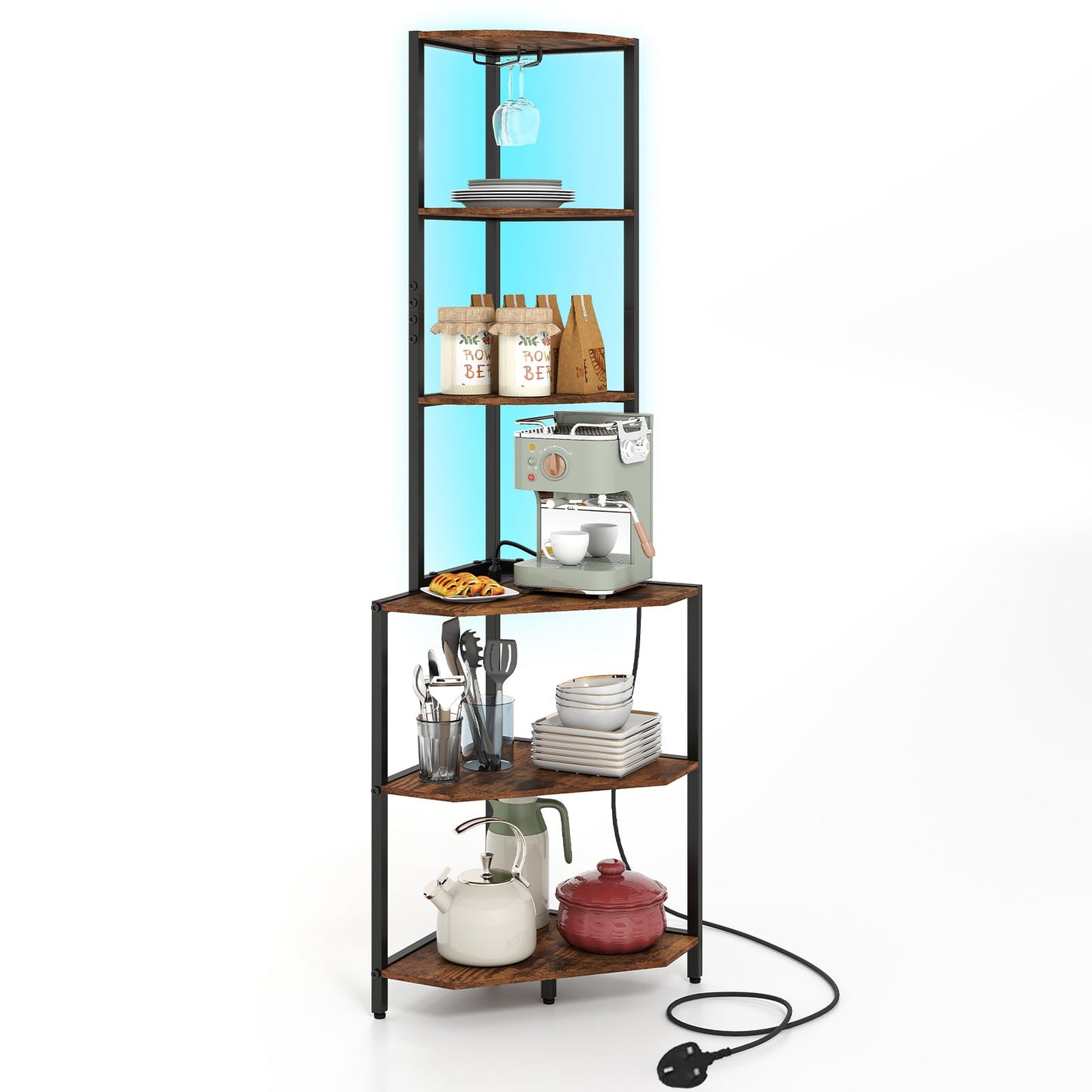 Wooden Corner Shelf with Storage Shelves for Living Room-Rustic Brown