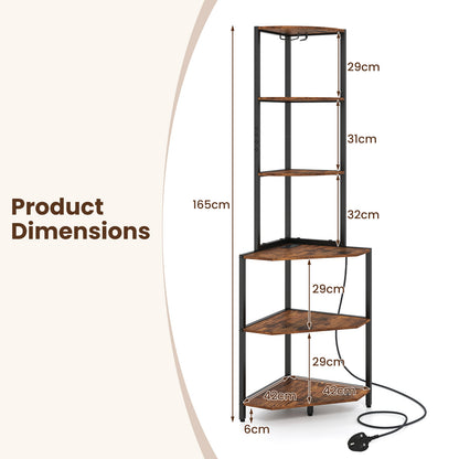 Wooden Corner Shelf with Storage Shelves for Living Room-Rustic Brown
