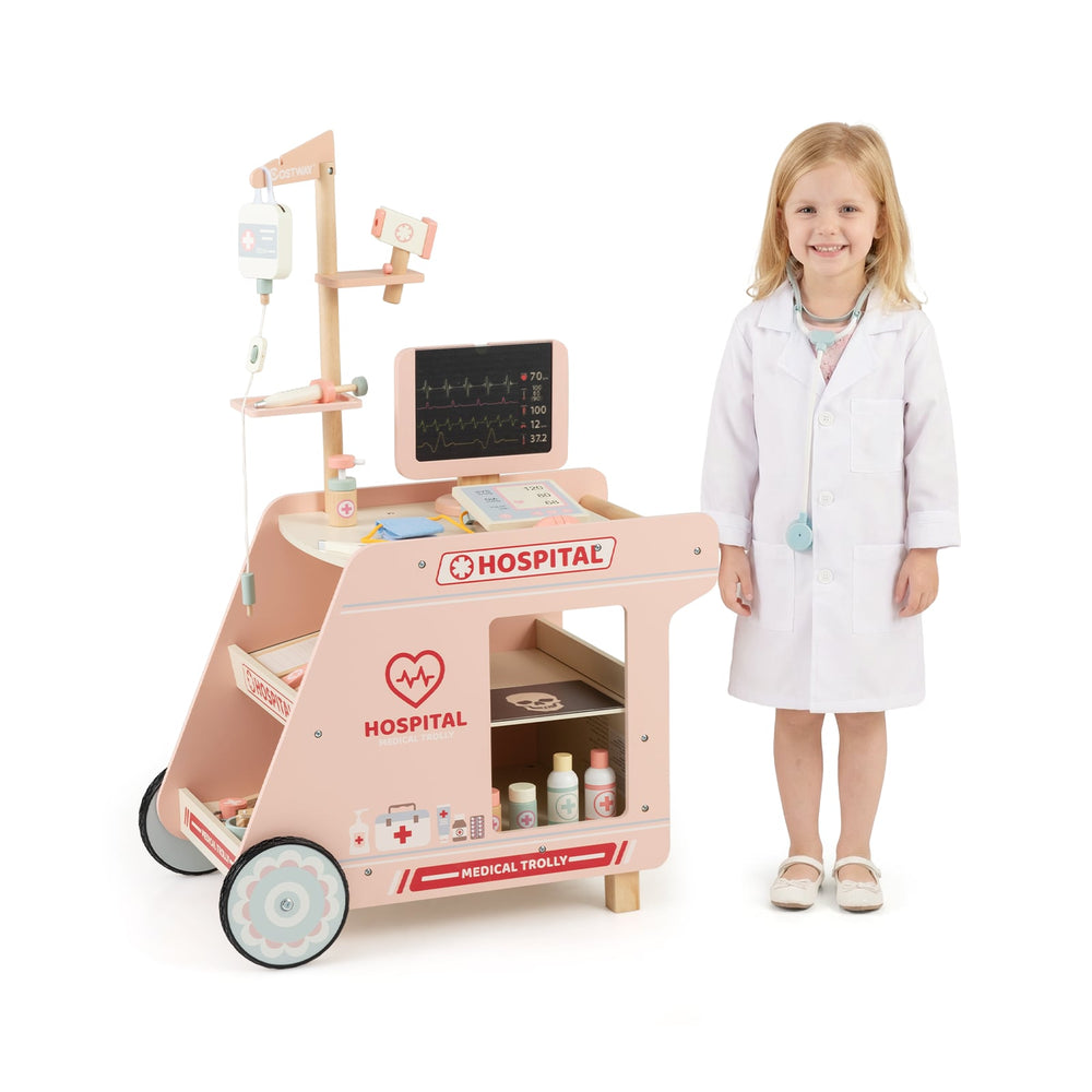 Wooden Doctor Playset Pretend Play Doctor Kit with Cart-Pink