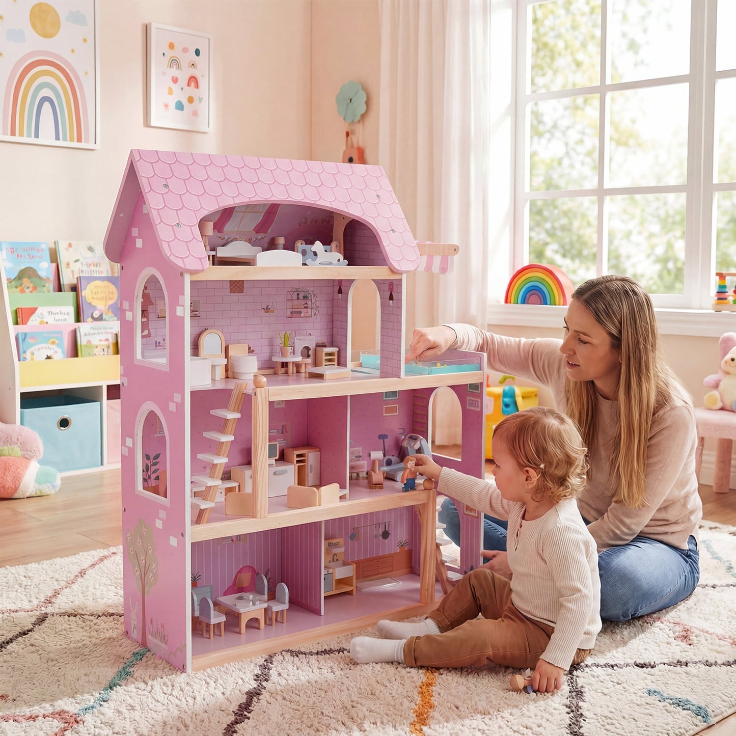 Wooden Dollhouse with 33 PCS Furniture Accessories for Girls and Boys-Pink