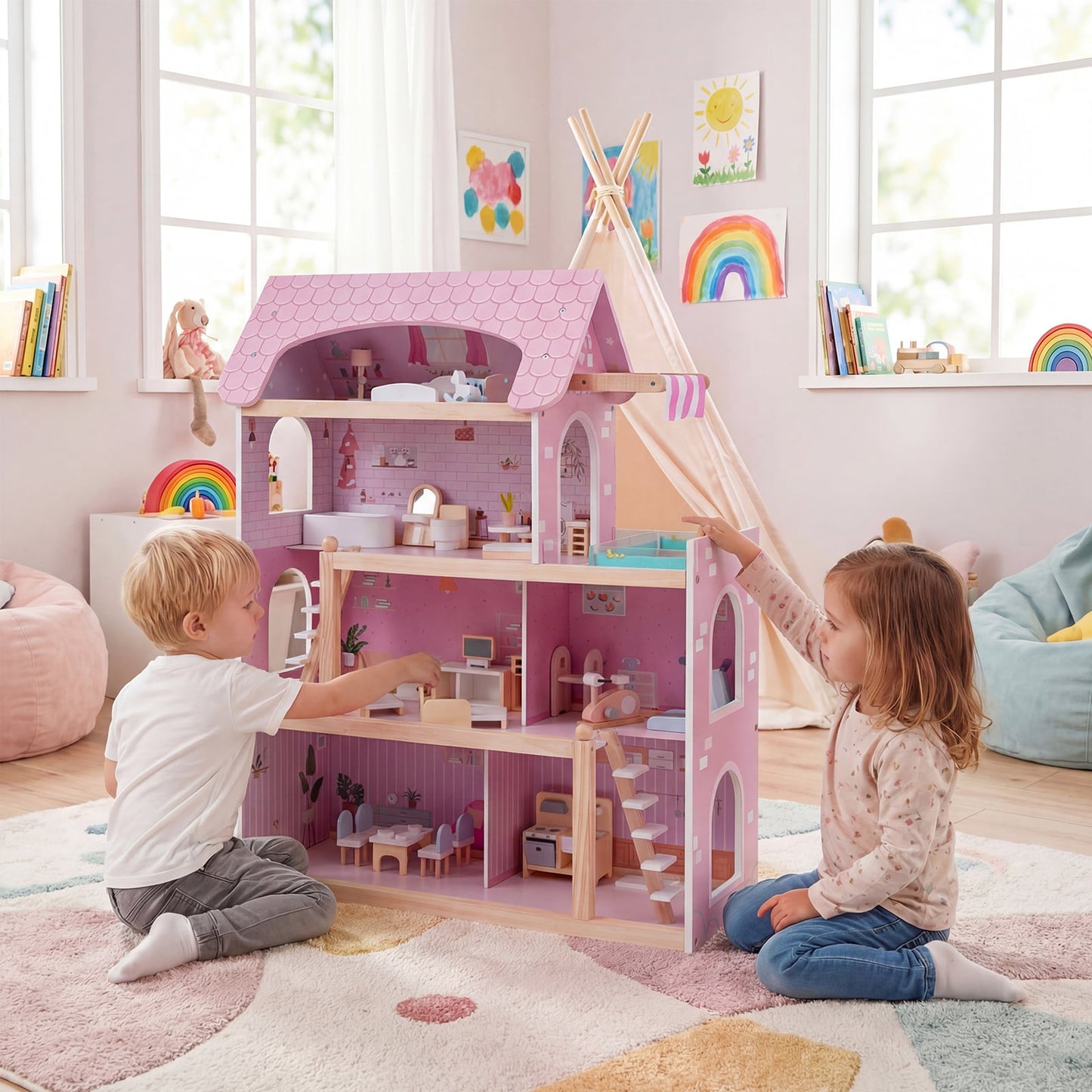 Wooden Dollhouse with 33 PCS Furniture Accessories for Girls and Boys-Pink