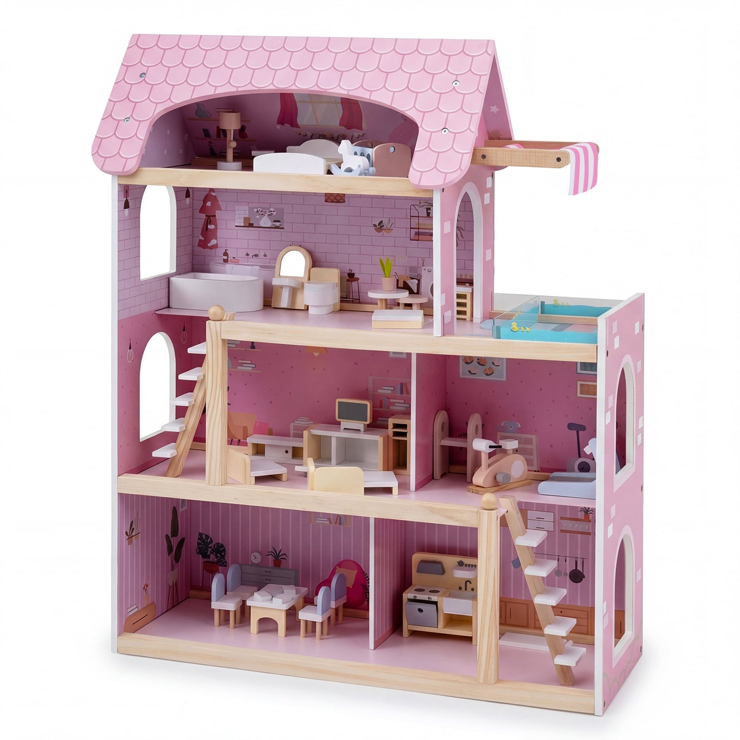 Wooden Dollhouse with 33 PCS Furniture Accessories for Girls and Boys-Pink