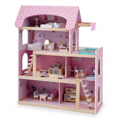 Wooden Dollhouse with 33 PCS Furniture Accessories for Girls and Boys-Pink