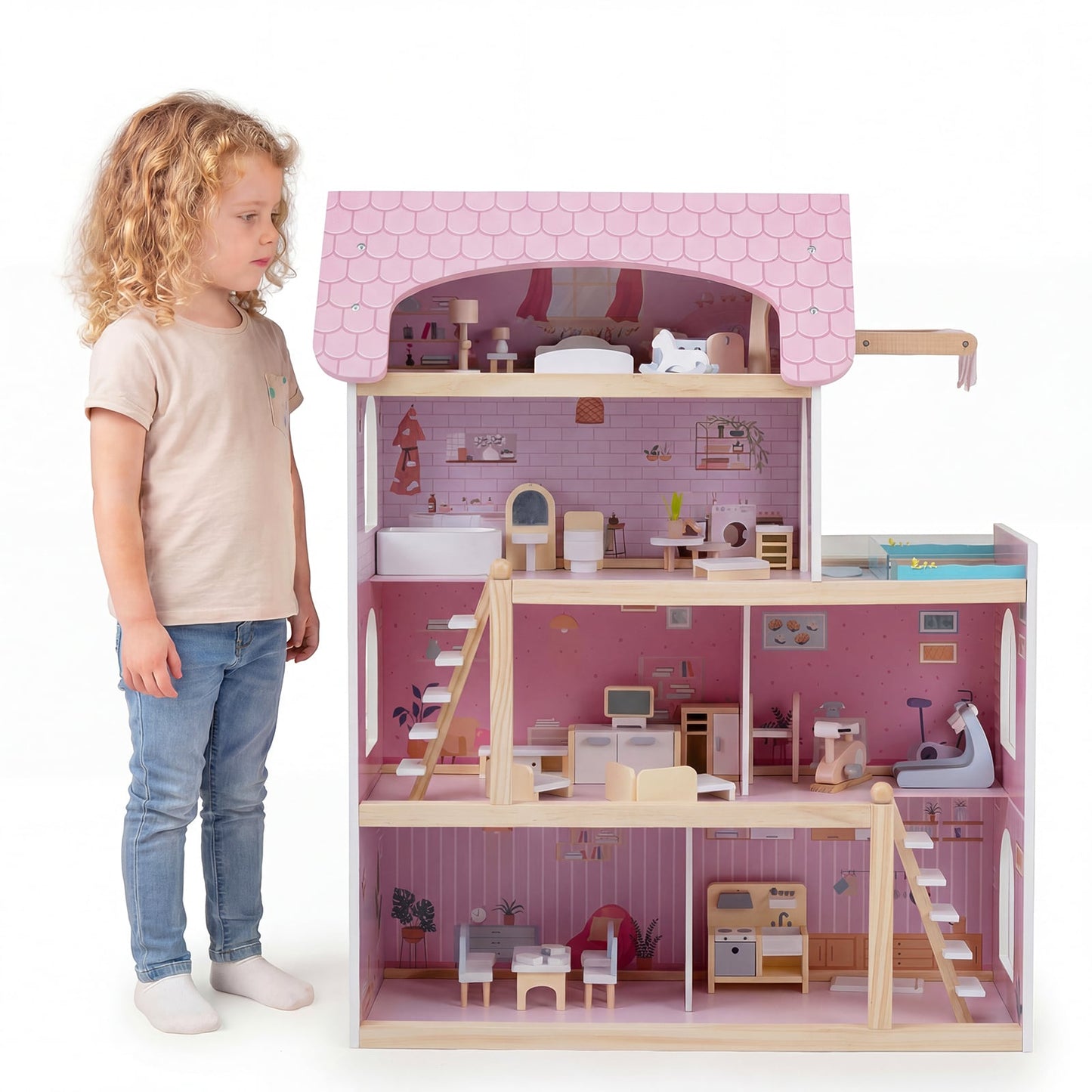Wooden Dollhouse with 33 PCS Furniture Accessories for Girls and Boys-Pink