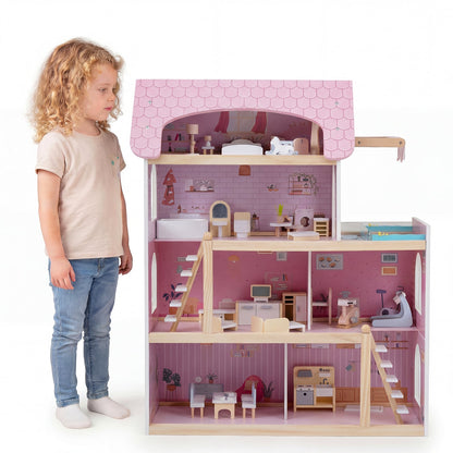Wooden Dollhouse with 33 PCS Furniture Accessories for Girls and Boys-Pink