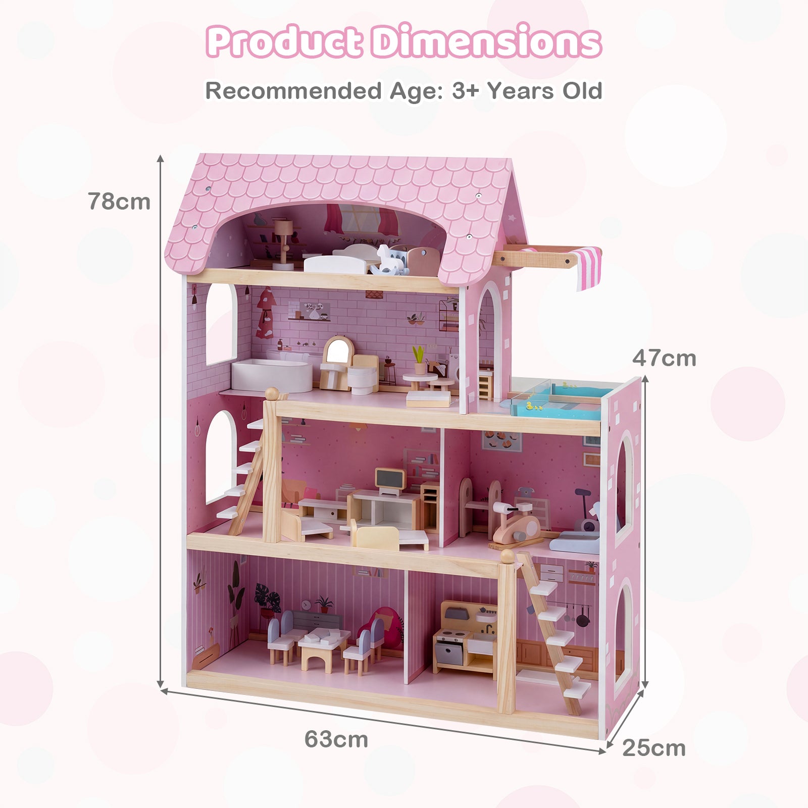 Wooden Dollhouse with 33 PCS Furniture Accessories for Girls and Boys-Pink