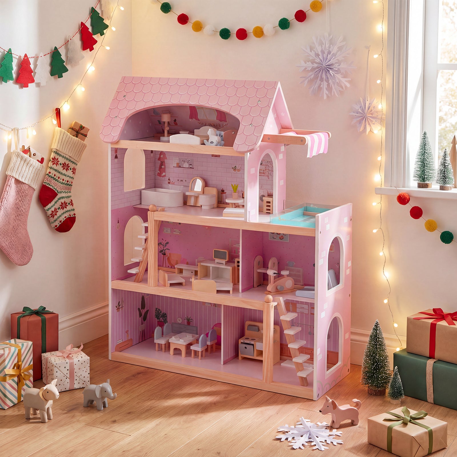 Wooden Dollhouse with 33 PCS Furniture Accessories for Girls and Boys-Pink