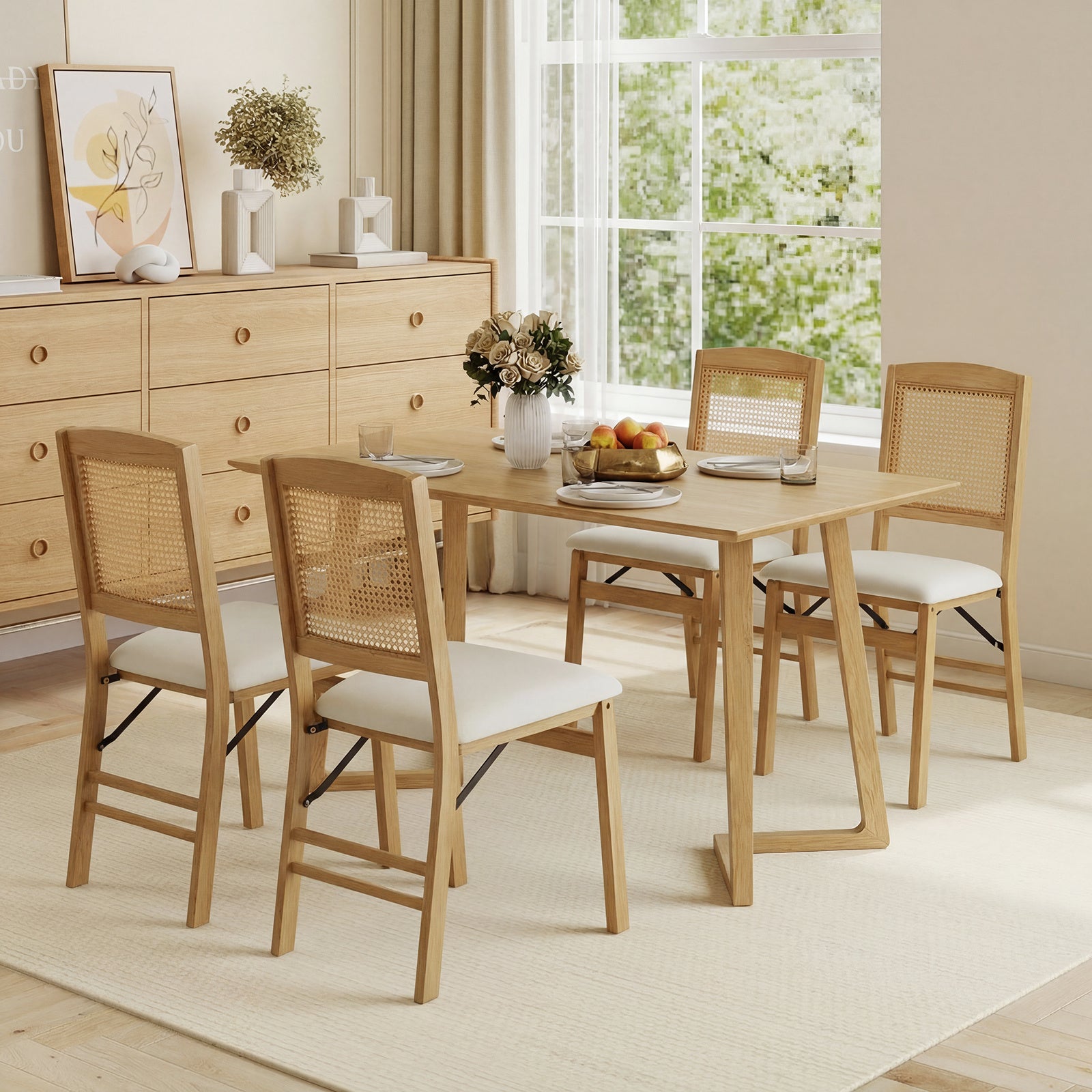 Wooden Folding Chairs Set of 2 with Linen Padded Seat-Natural