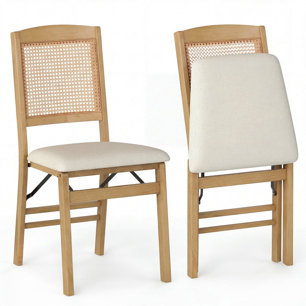Wooden Folding Chairs Set of 2 with Linen Padded Seat-Natural