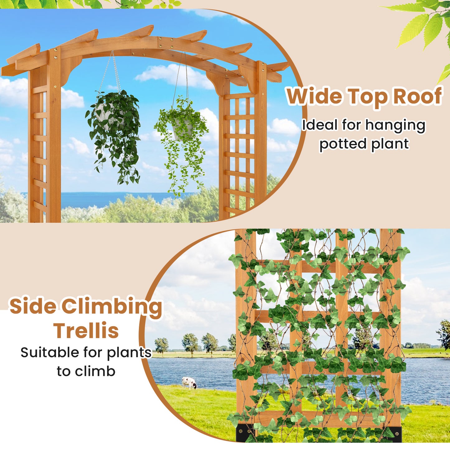 Wooden Garden Arch with Wide Top and Side Trellis for Climbing Plants-Orange