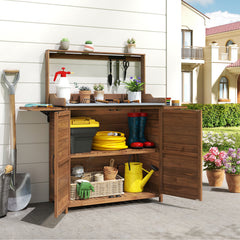 Wooden Garden Workstation with Foldable Side Shelves for Yard Balcony-Brown