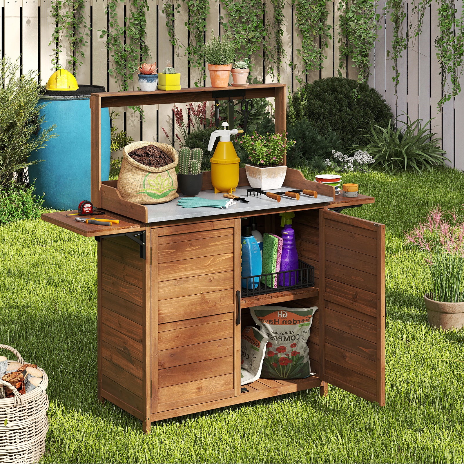 Wooden Garden Workstation with Foldable Side Shelves for Yard Balcony-Brown