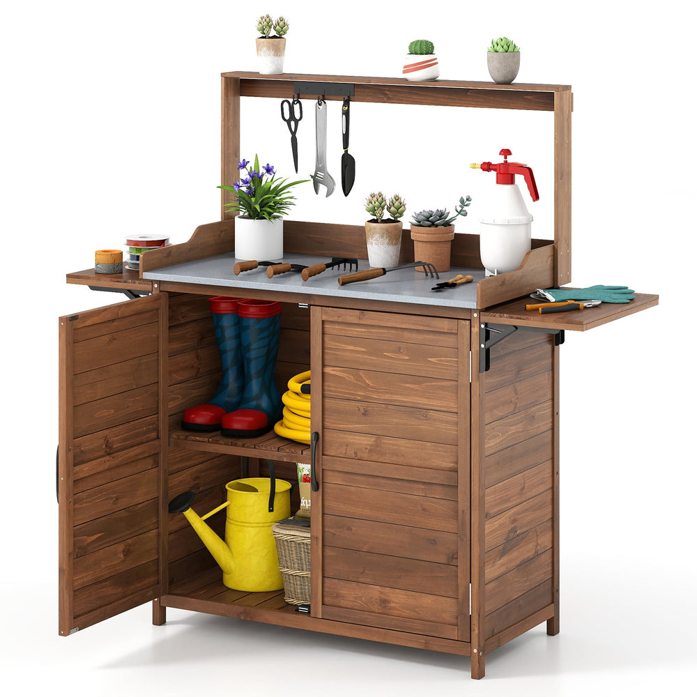 Wooden Garden Workstation with Foldable Side Shelves for Yard Balcony-Brown
