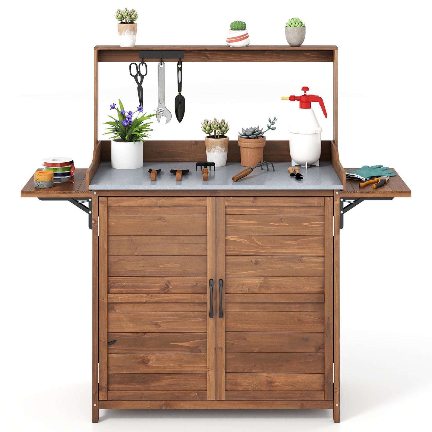 Wooden Garden Workstation with Foldable Side Shelves for Yard Balcony-Brown