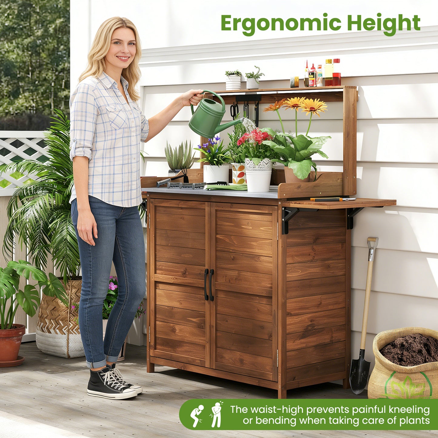 Wooden Garden Workstation with Foldable Side Shelves for Yard Balcony-Brown