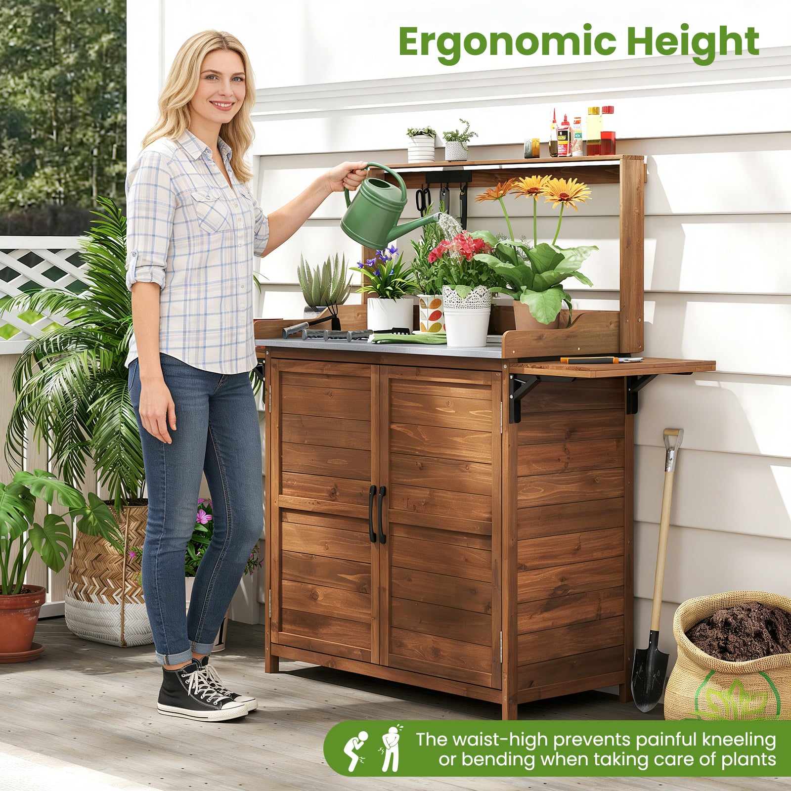 Wooden Garden Workstation with Foldable Side Shelves for Yard Balcony-Brown