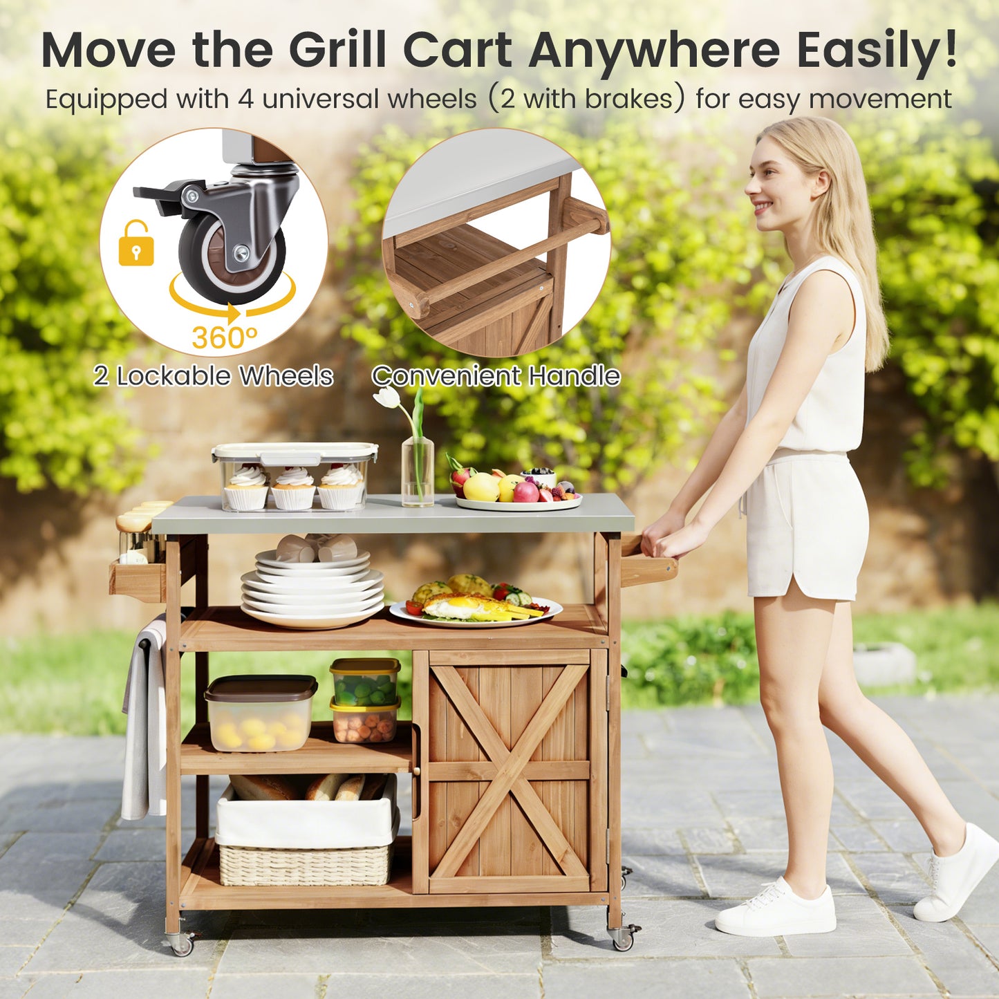 Wooden Grill Cart with Storage Outdoor Kitchen Island with Stainless Steel Top-Natural