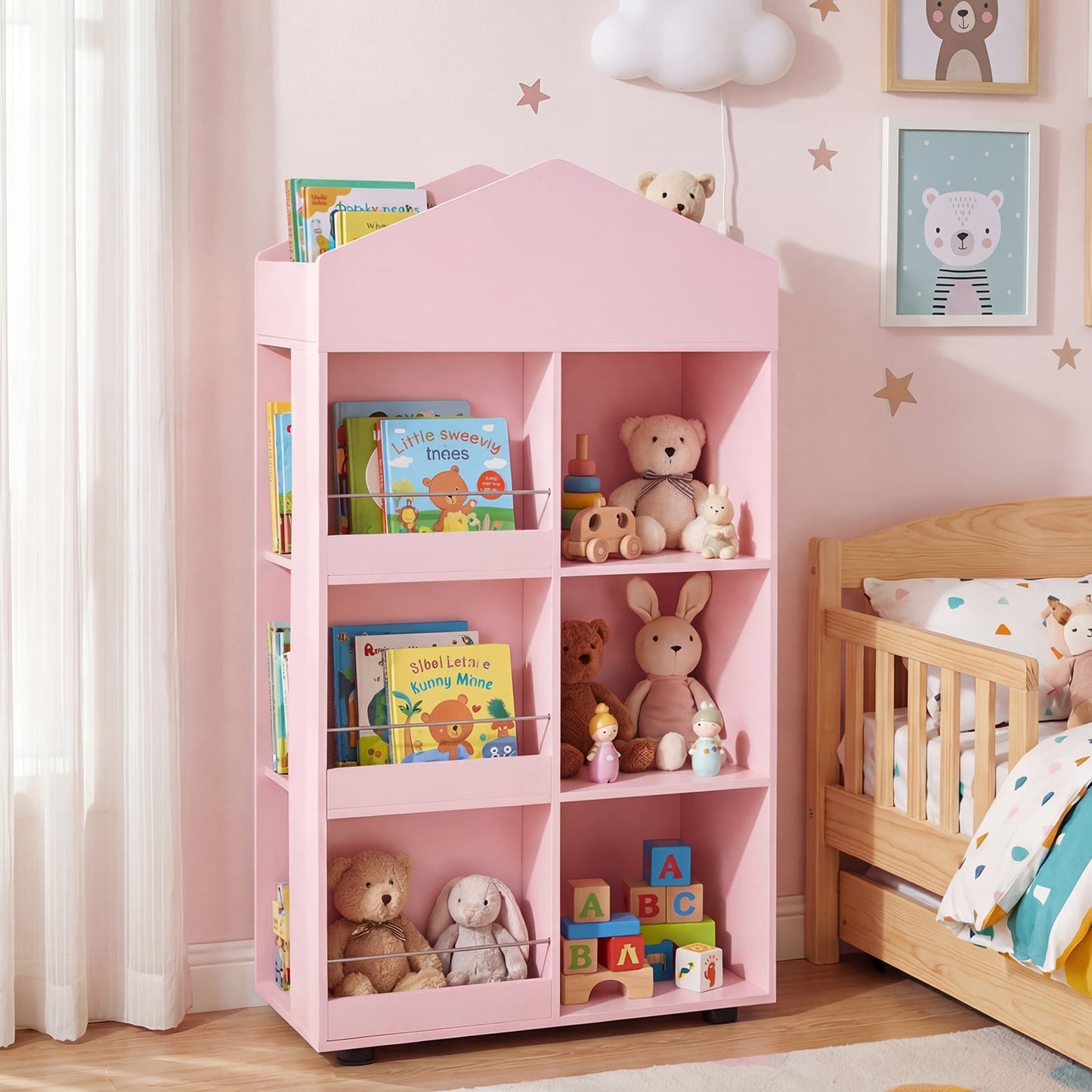 Wooden Kids Bookshelf and Toy Storage with Multiple Compartments-Pink