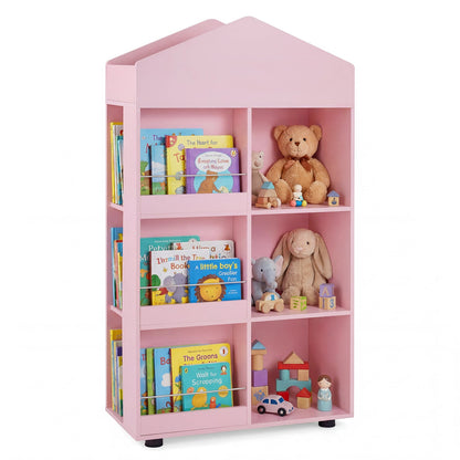 Wooden Kids Bookshelf and Toy Storage with Multiple Compartments-Pink
