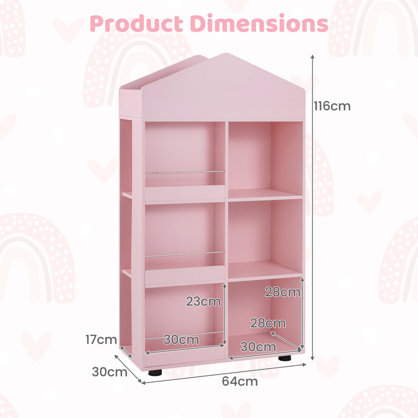 Wooden Kids Bookshelf and Toy Storage with Multiple Compartments-Pink