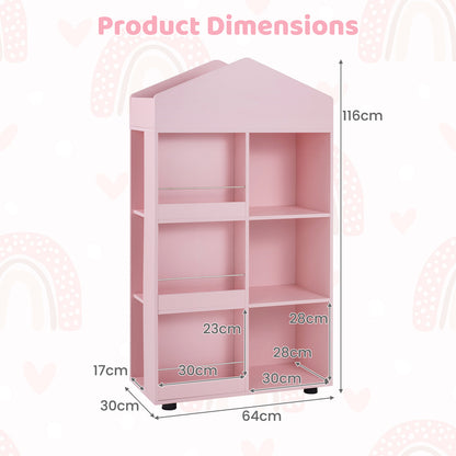Wooden Kids Bookshelf and Toy Storage with Multiple Compartments-Pink