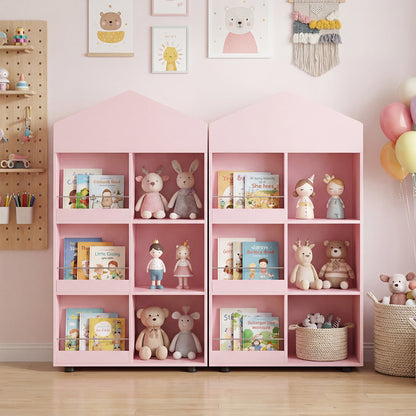 Wooden Kids Bookshelf and Toy Storage with Multiple Compartments-Pink