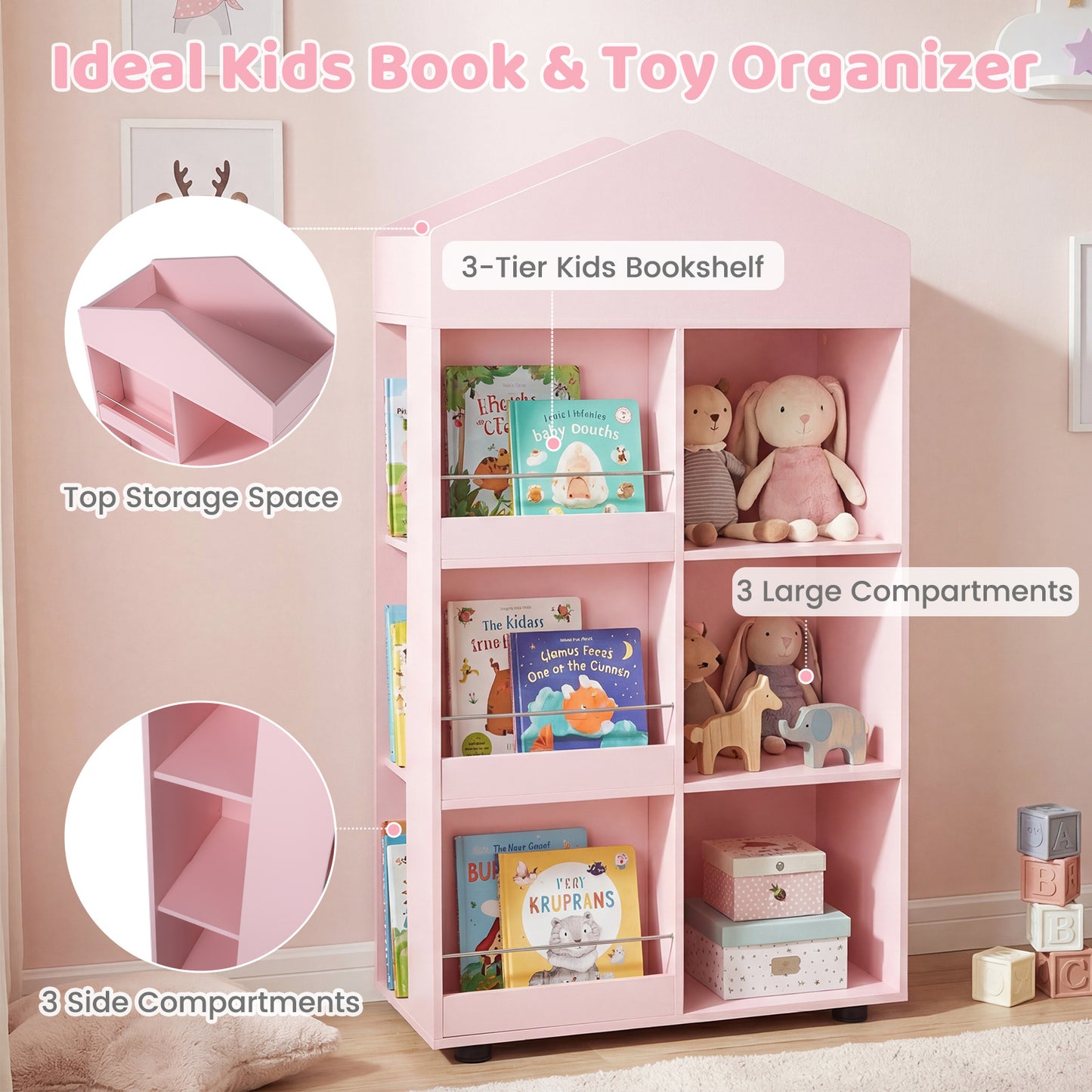 Wooden Kids Bookshelf and Toy Storage with Multiple Compartments-Pink