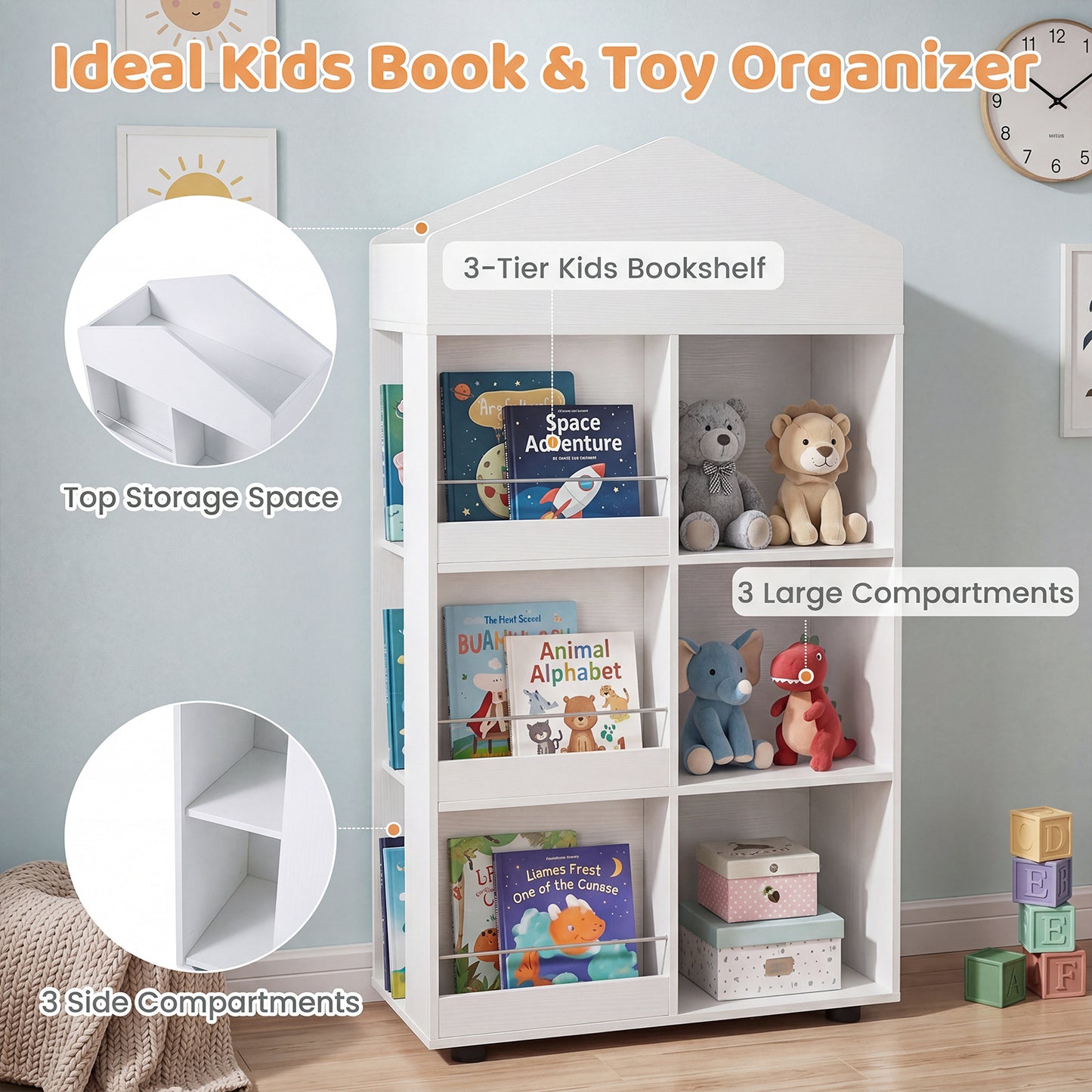Wooden Kids Bookshelf and Toy Storage with Multiple Compartments-White