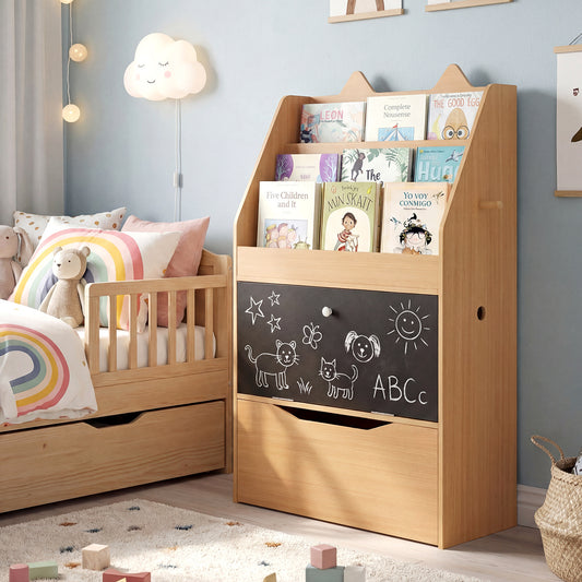 Wooden Kids Bookshelf with Movable Drawer & Chalkboard for Playroom Nursery-Natural
