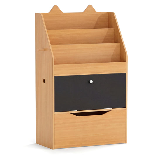Wooden Kids Bookshelf with Movable Drawer & Chalkboard for Playroom Nursery-Natural