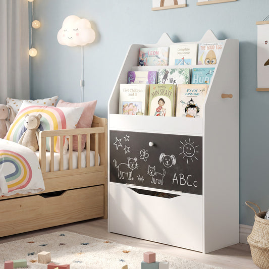 Wooden Kids Bookshelf with Movable Drawer & Chalkboard for Playroom Nursery-White