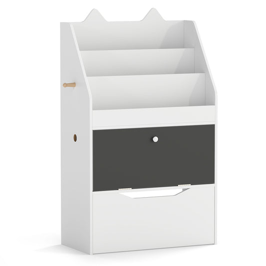 Wooden Kids Bookshelf with Movable Drawer & Chalkboard for Playroom Nursery-White
