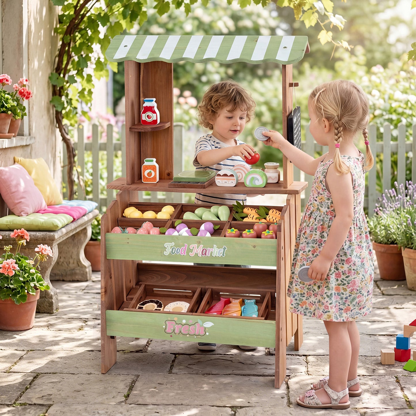 Wooden Kids Grocery Store Playset with Chalkboard
