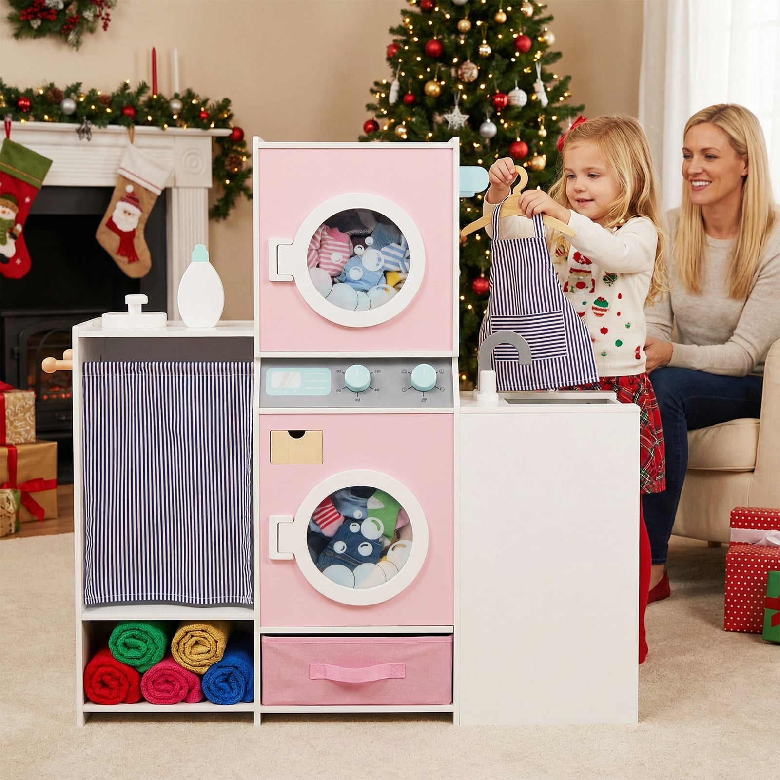 Wooden Kids Laundry Playset Pretend Toy Washing Machine with Laundry Detergent Bottle-Pink
