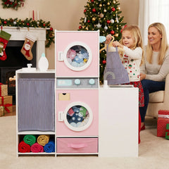 Wooden Kids Laundry Playset Pretend Toy Washing Machine with Laundry Detergent Bottle-Pink