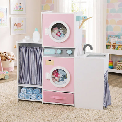 Wooden Kids Laundry Playset Pretend Toy Washing Machine with Laundry Detergent Bottle-Pink