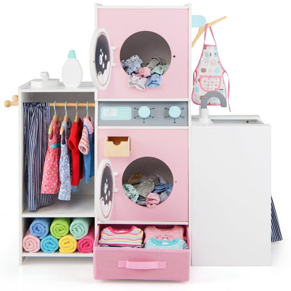 Wooden Kids Laundry Playset Pretend Toy Washing Machine with Laundry Detergent Bottle-Pink