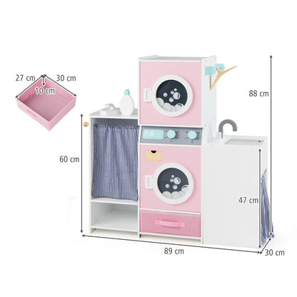 Wooden Kids Laundry Playset Pretend Toy Washing Machine with Laundry Detergent Bottle-Pink
