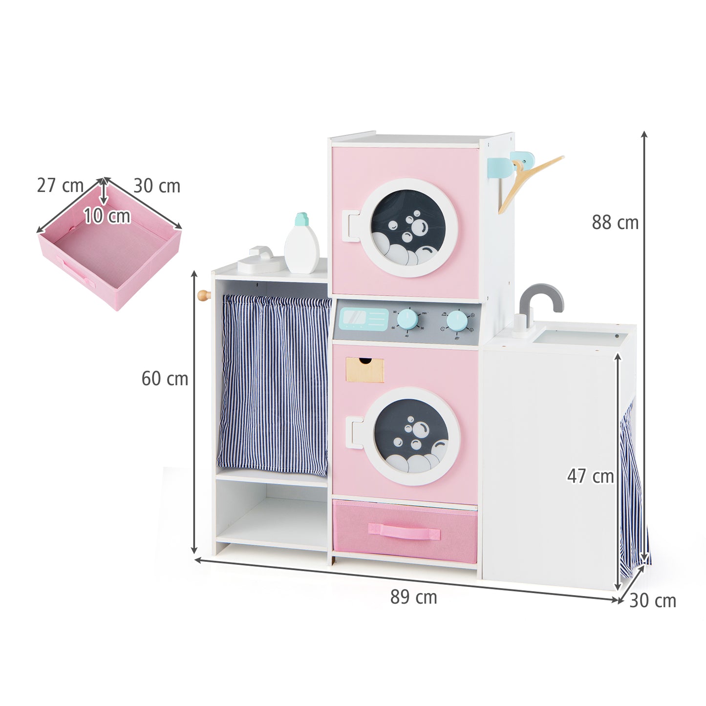 Wooden Kids Laundry Playset Pretend Toy Washing Machine with Laundry Detergent Bottle-Pink