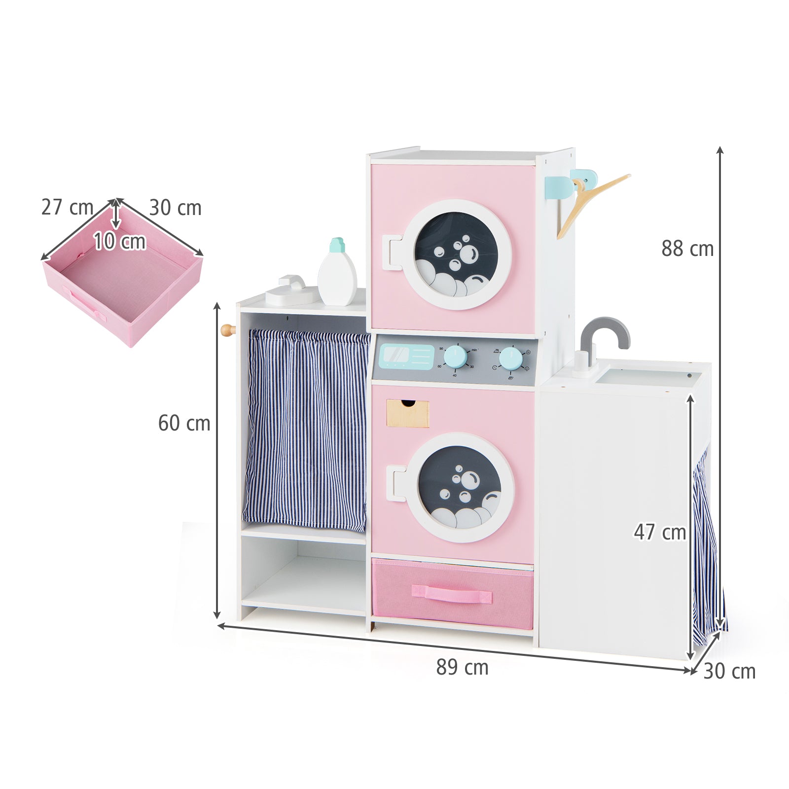 Wooden Kids Laundry Playset Pretend Toy Washing Machine with Laundry Detergent Bottle-Pink